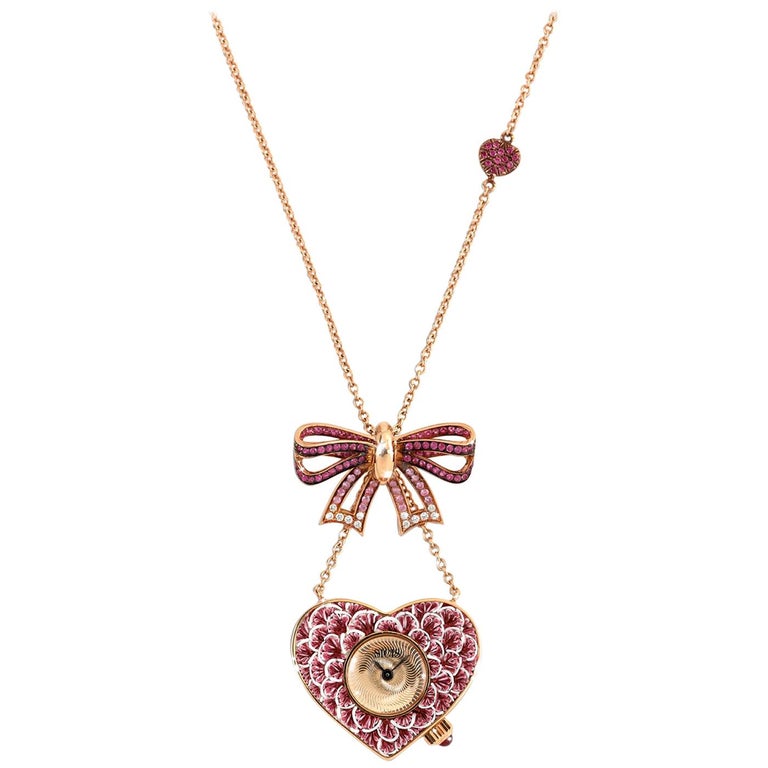 Stylish Quartz Watch Necklace Gold White Diamonds Sapphires Decorated