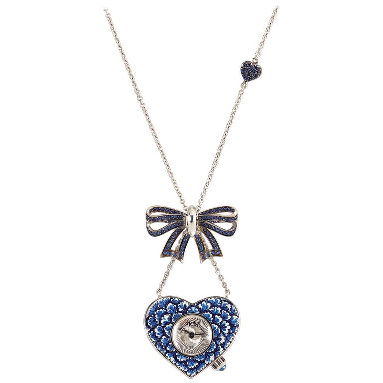 Stylish Quartz Watch Necklace White Gold Blue Sapphires Hand Decorate