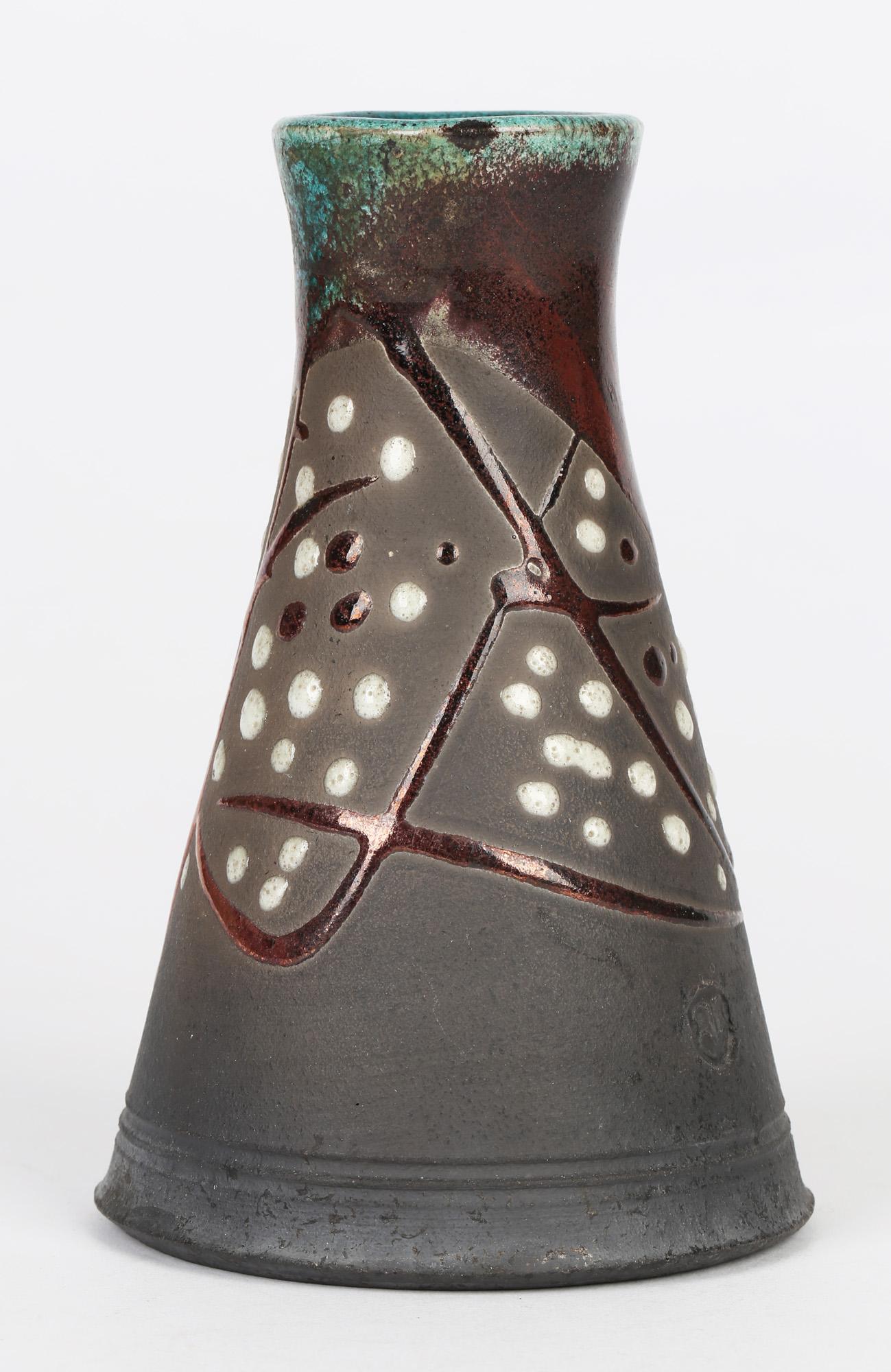 Stylish Raku Metallic Glazed Conical Shape Signed Studio Pottery Vase For Sale 1
