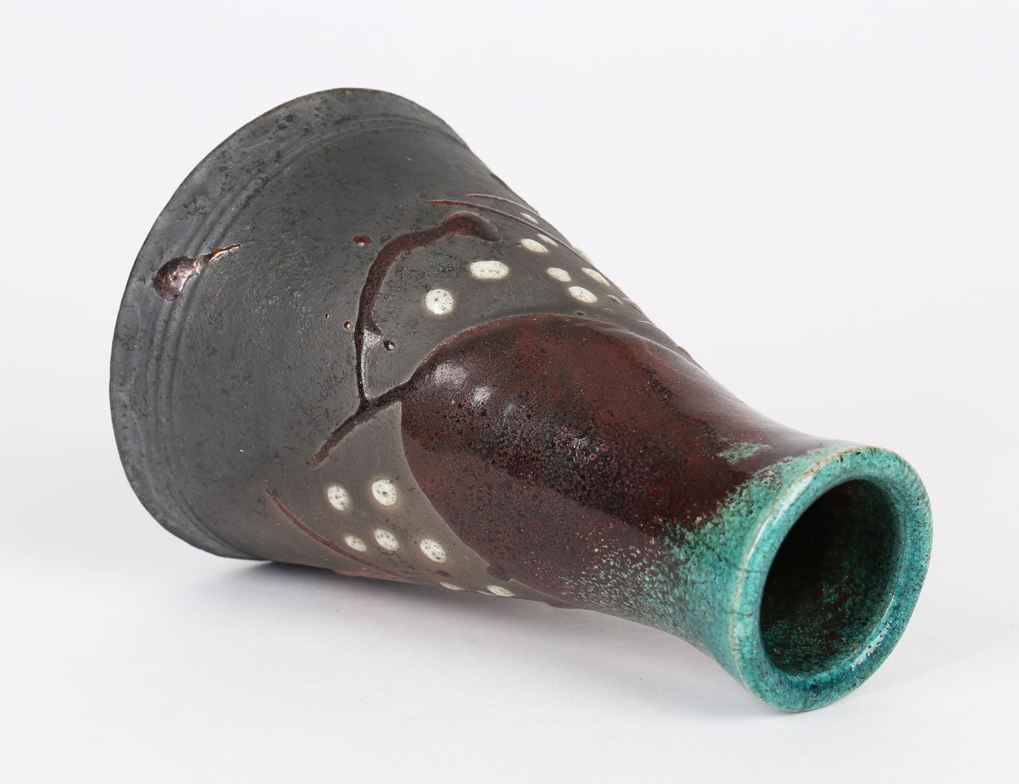 Stylish Raku Metallic Glazed Conical Shape Signed Studio Pottery Vase For Sale 2