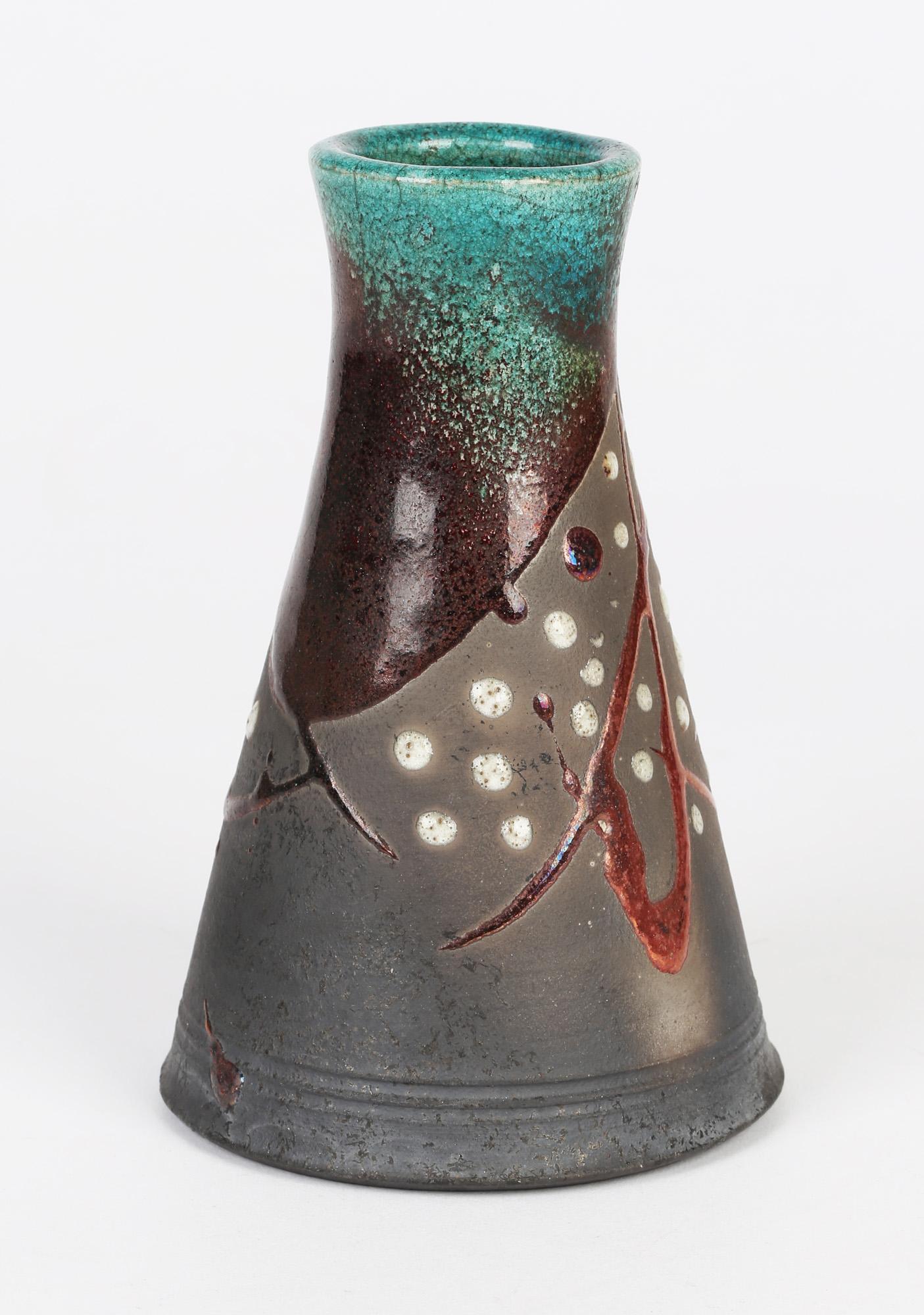 20th Century Stylish Raku Metallic Glazed Conical Shape Signed Studio Pottery Vase For Sale