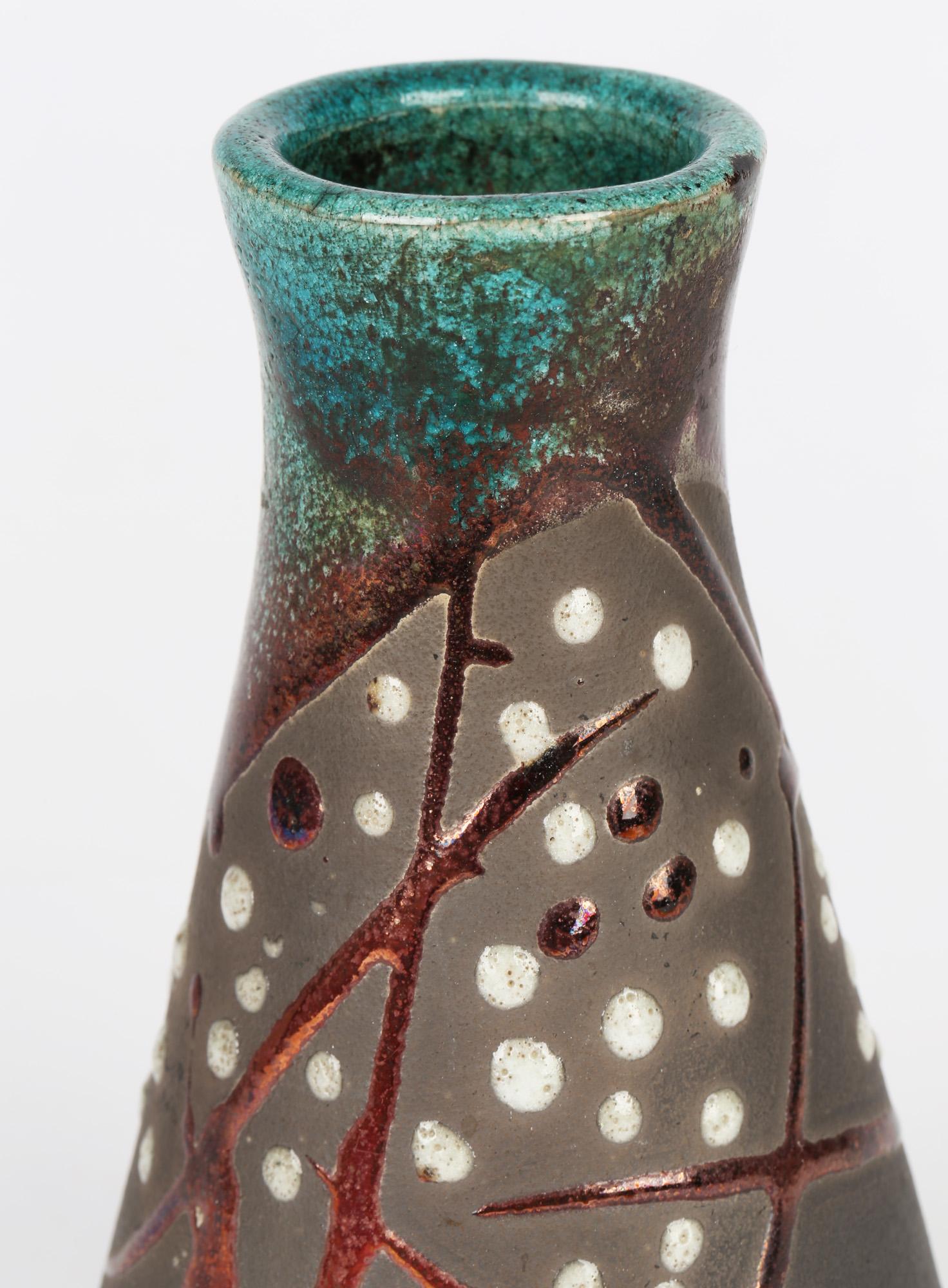 Stoneware Stylish Raku Metallic Glazed Conical Shape Signed Studio Pottery Vase For Sale