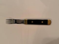 Elegante y Raro Juego de Cubiertos Suecos Vintage de Acero Inoxidable, Latón y Madera