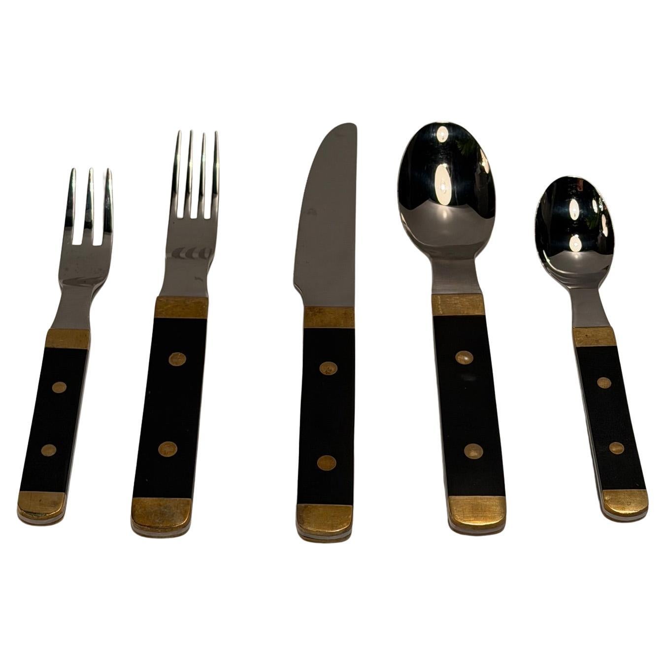 Stylish Rare Set of Vintage Swedish Stainless Steel Brass
Wood Flatware
