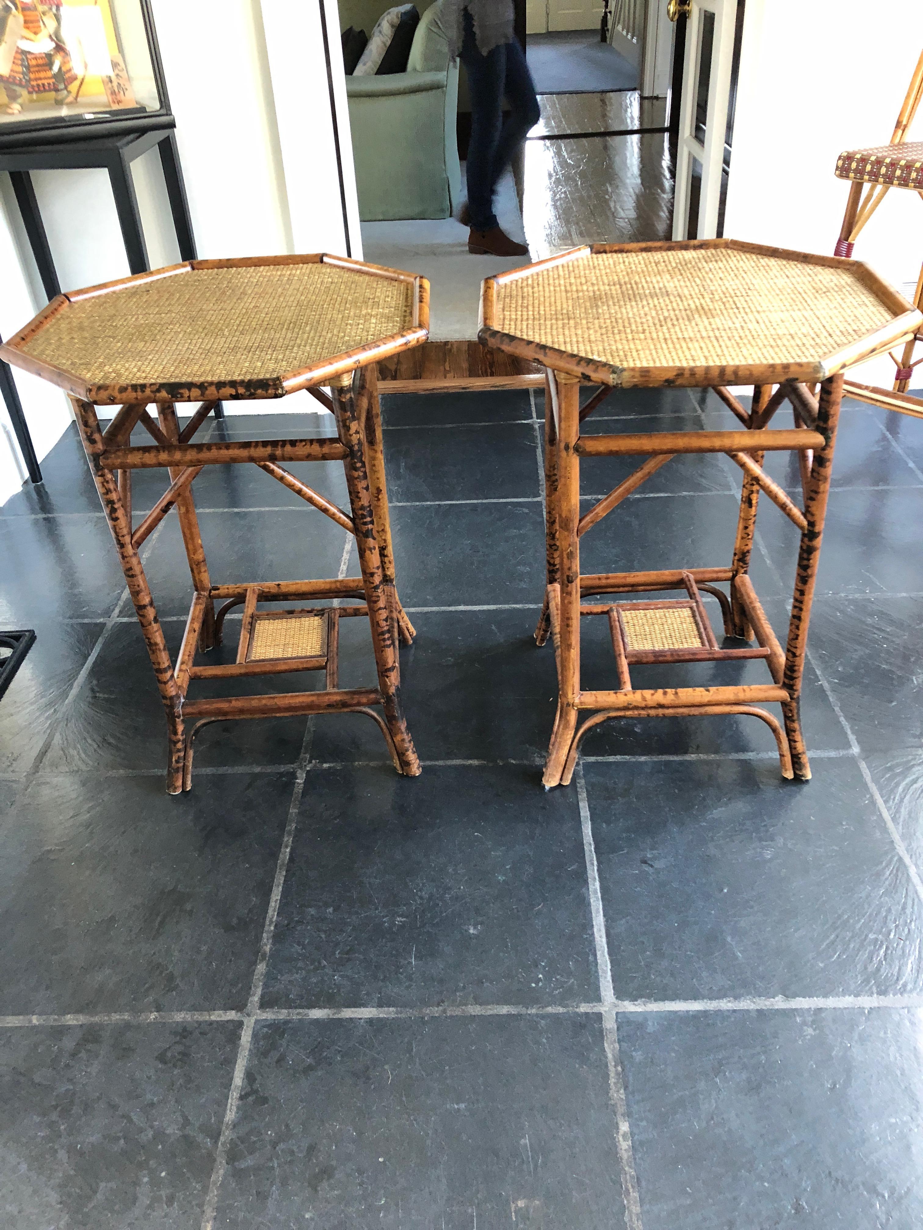 Mid-20th Century Stylish Rattan and Bamboo Octagonal Side Tables