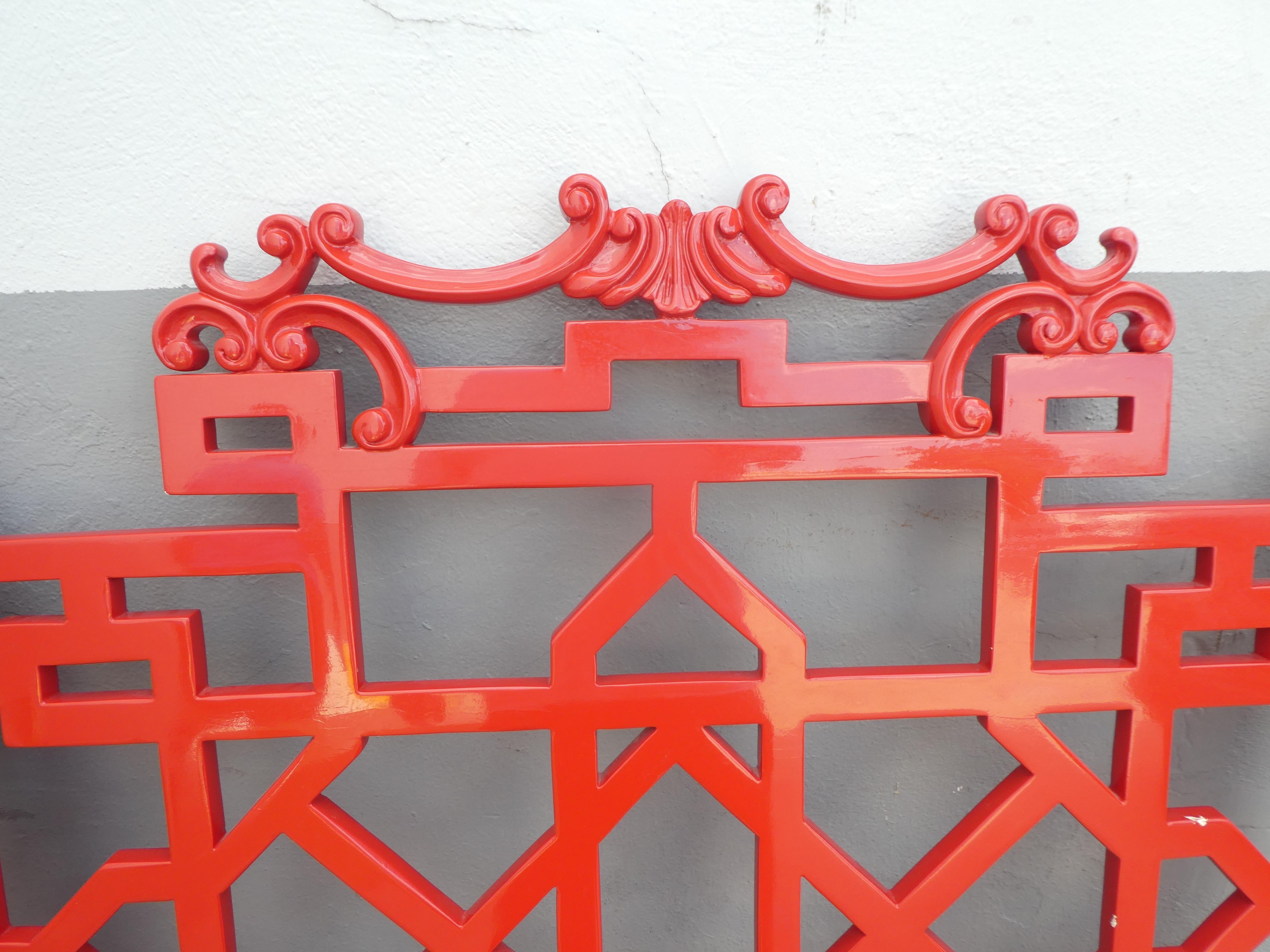 20th Century Stylish Red Painting Wood Chinese Chippendale King Sized Heardboard