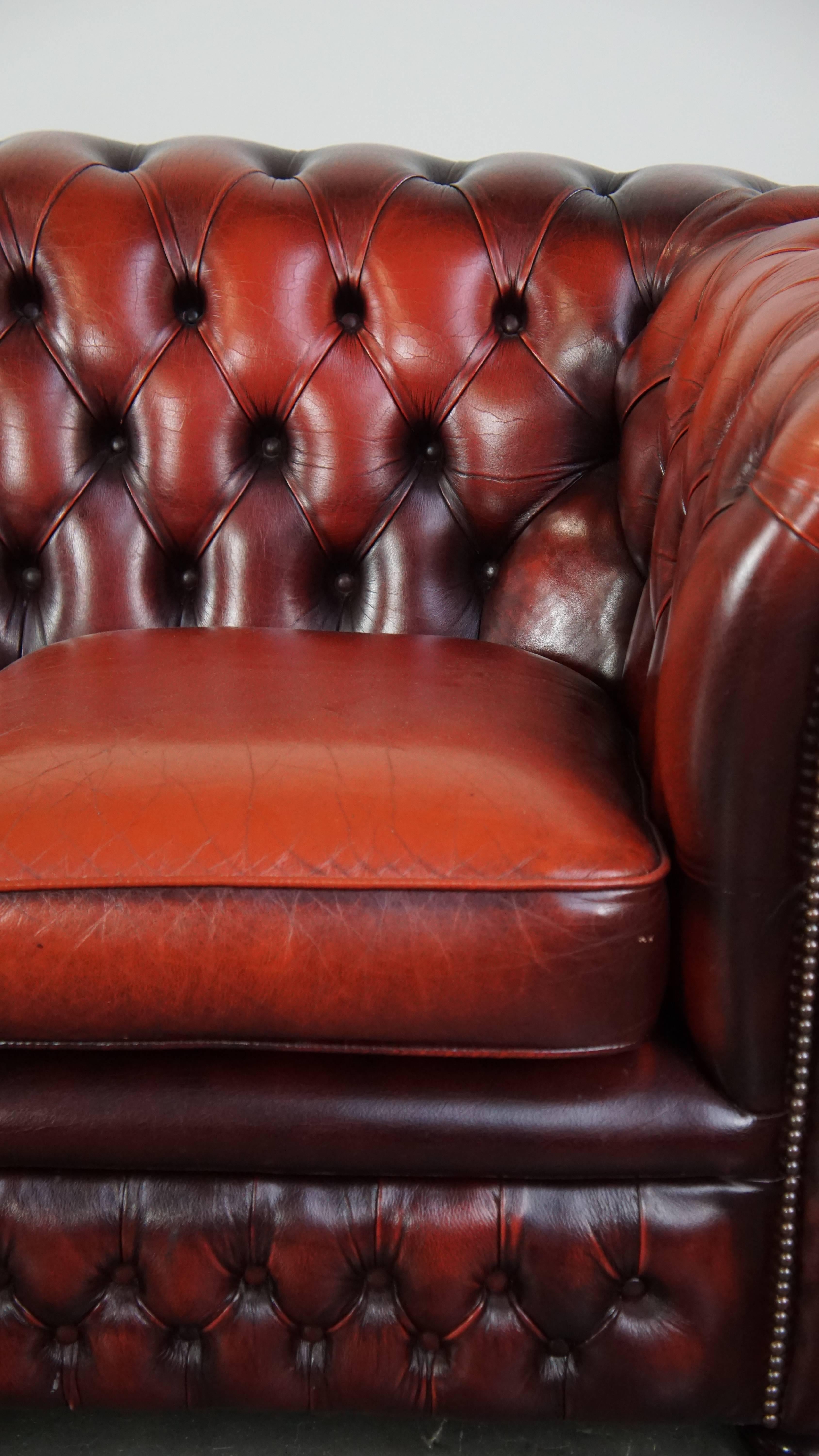Magnifique canapé anglais chesterfield rouge à 2,5 places en cuir de vache en vente 3