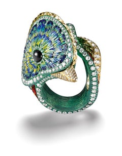 Stylish Ring Gold Titanium White Diamonds Onyx Handdecorated with MicroMosaic