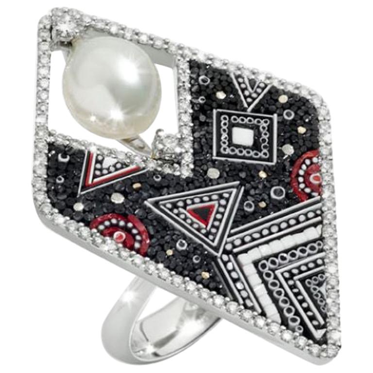 Stilvoller Ring mit weißen und schwarzen Diamanten, Weißgold, Perle, handdekoriert, Mikromosaik