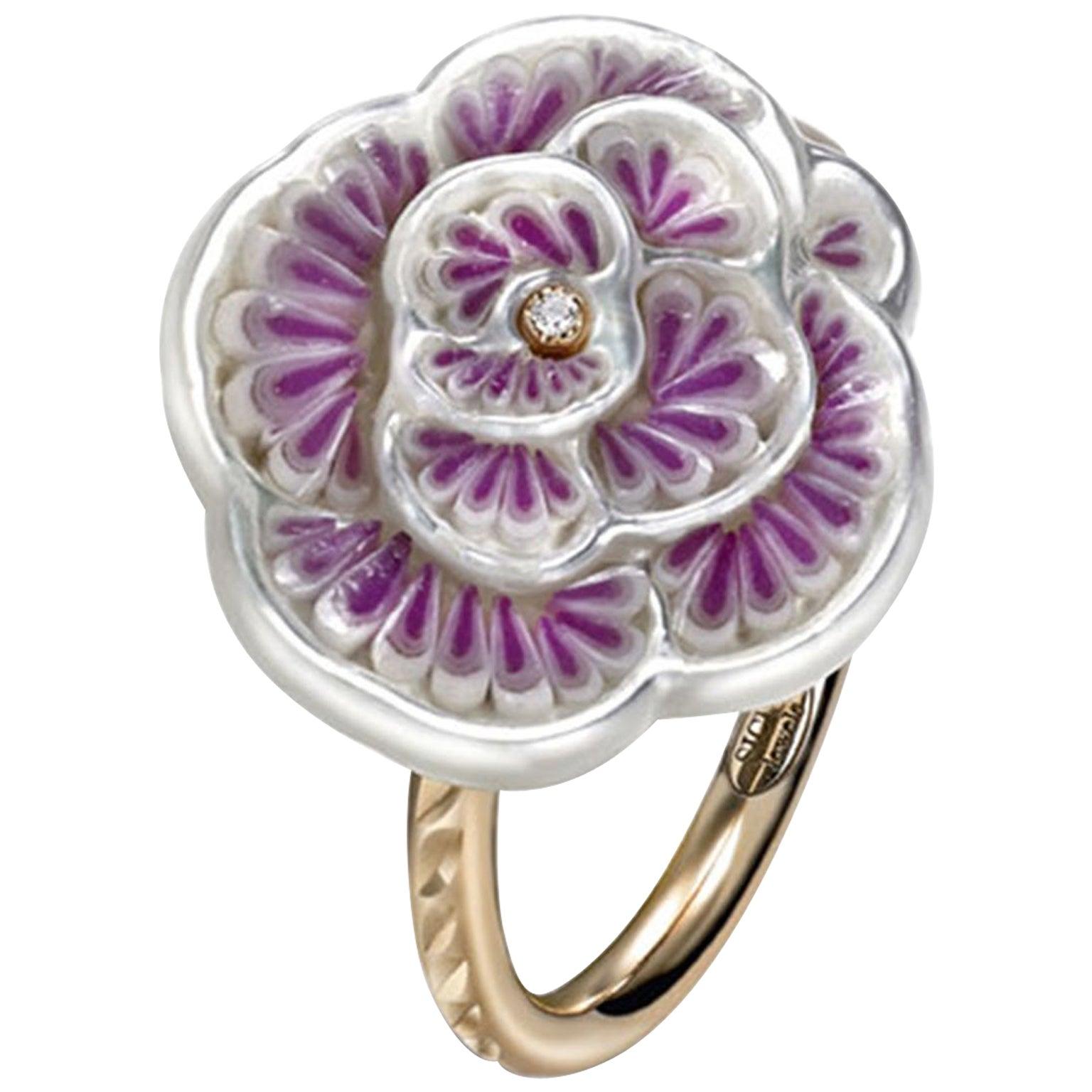 Stylish Ring White Diamond Mother of Pearl Rose Gold Hand Decorated Micromosaic