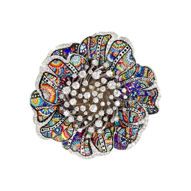 Stylish Ring White Diamonds White Gold Hand Decorated with Micromosaic ...