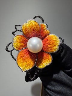 Stylish Ring White Gold White & Black Diamonds Pearls Hand Decorated Nanomosaic