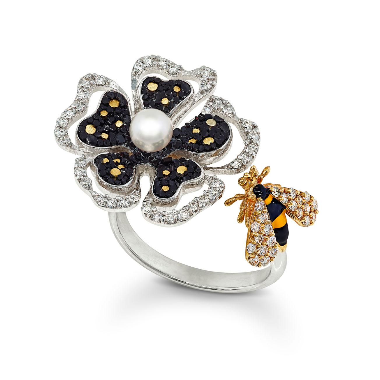 Modern Stylish Ring White Gold White Diamonds Pearl Hand Decorated with Nano Mosaic For Sale