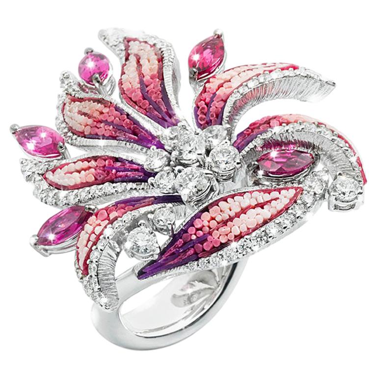 Stylish Ring White Gold White Diamonds Rubelite Hand Decorated with Micro Mosaic