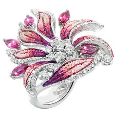 Elegante Anillo Oro Blanco Diamantes Rubelita Decorado a Mano con Micro Mosaico
