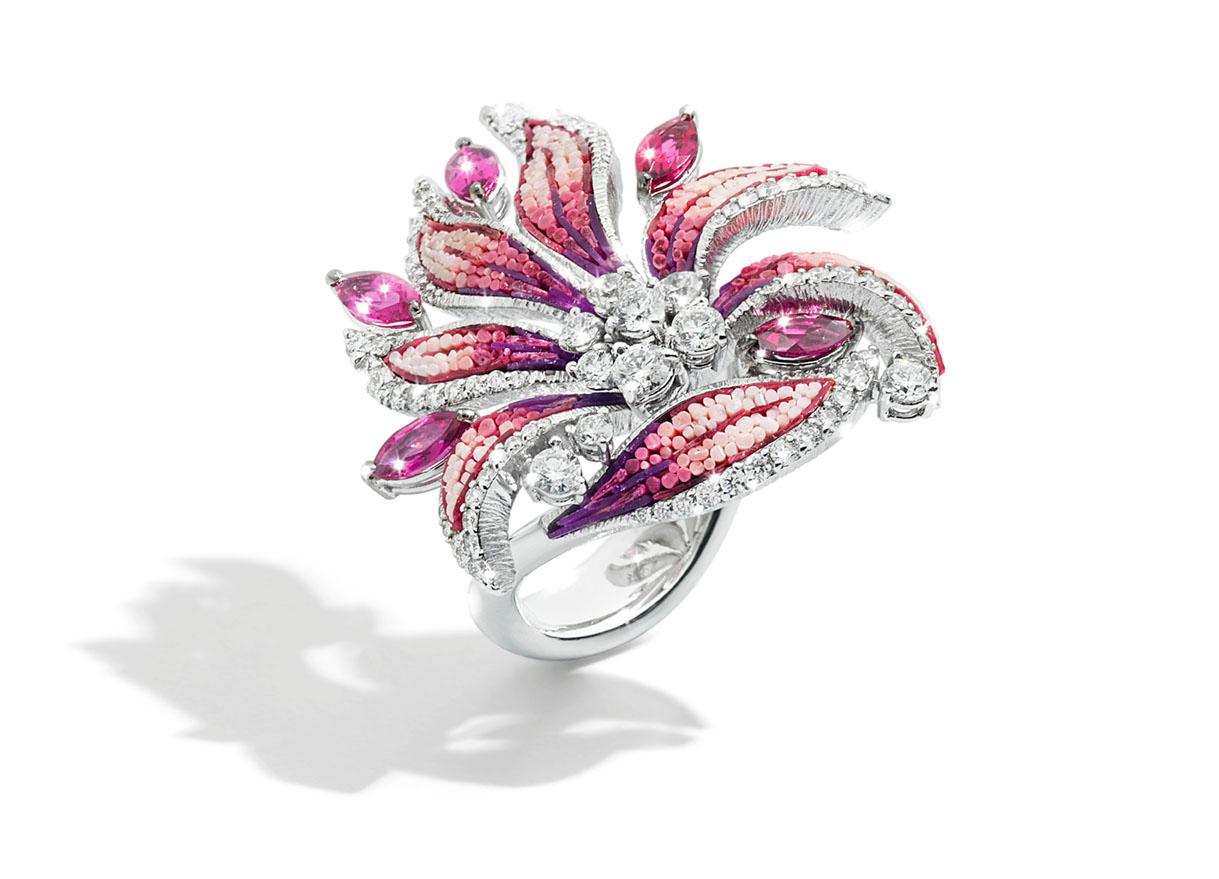 Modern Stylish Ring White Gold White Diamonds Rubelite Hand Decorated with Micro Mosaic For Sale
