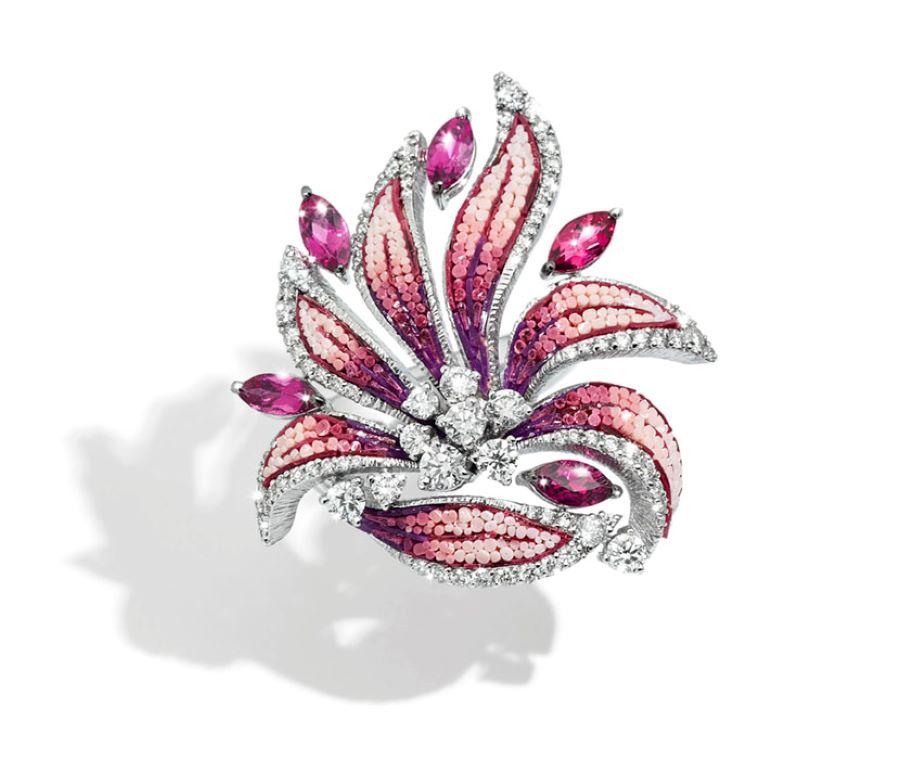 Marquise Cut Stylish Ring White Gold White Diamonds Rubelite Hand Decorated with Micro Mosaic For Sale