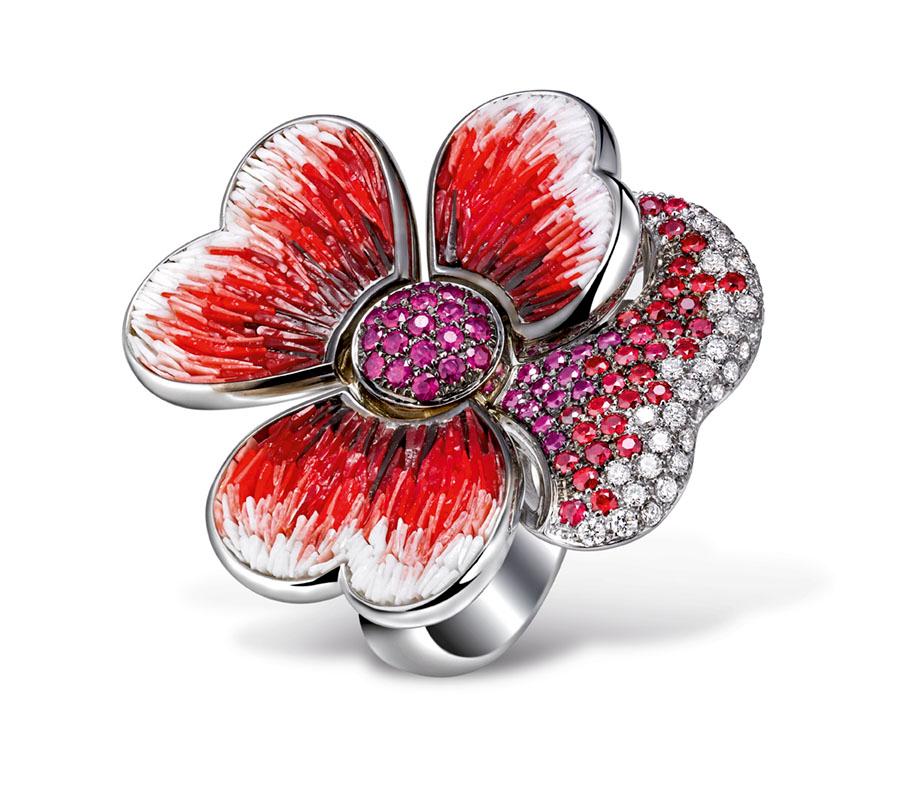 Brilliant Cut Stylish Ring White Gold White Diamonds Ruby Sapphires Decorated Micromosaic For Sale