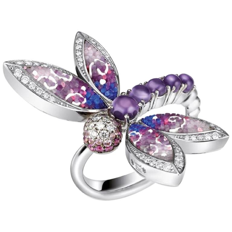 Stylish Ring White Gold White Diamonds Sapphires Amethyst Decorated Micro Mosaic For Sale