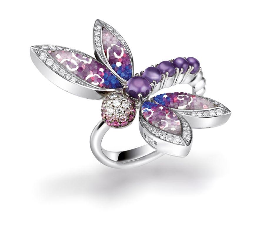 Romantic Stylish Ring White Gold White Diamonds Sapphires Amethyst Decorated Micro Mosaic For Sale