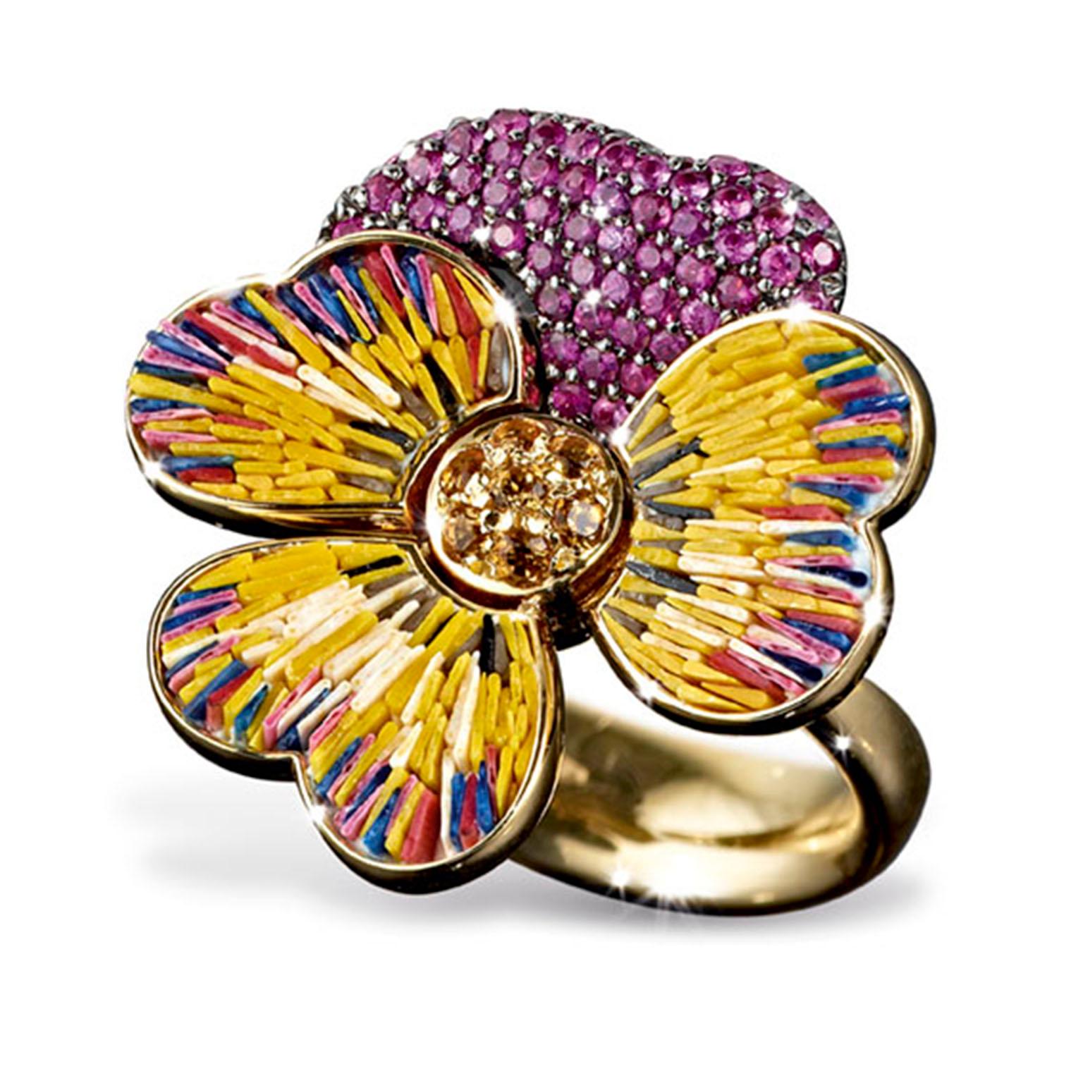 Contemporary Stylish Ring Yellow Gold Pink and Yellow Sapphires Hand Decorated Micromosaic For Sale