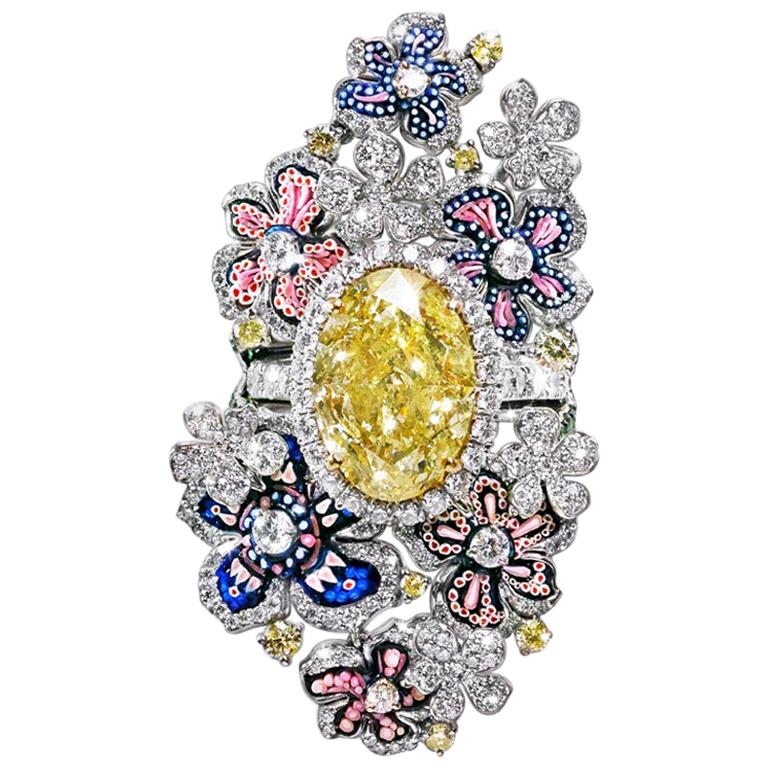 Stylish Rings Detachable Yellow & White Diamonds Emeralds White Gold Micromosaic