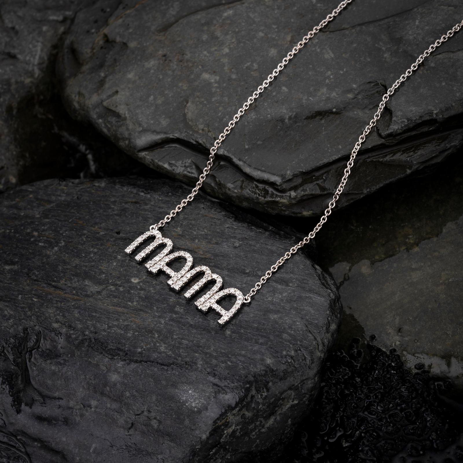 Modern Stylish Round Diamond 14K White Gold Mama Letter Necklace For Sale