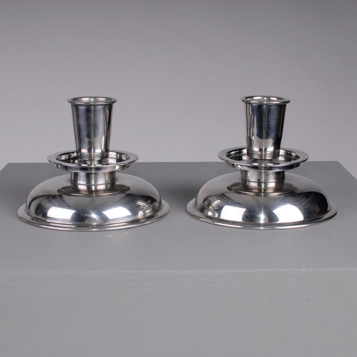 Polished Stylish Scandinavian Art Deco Pewter Candlesticks, circa 1930