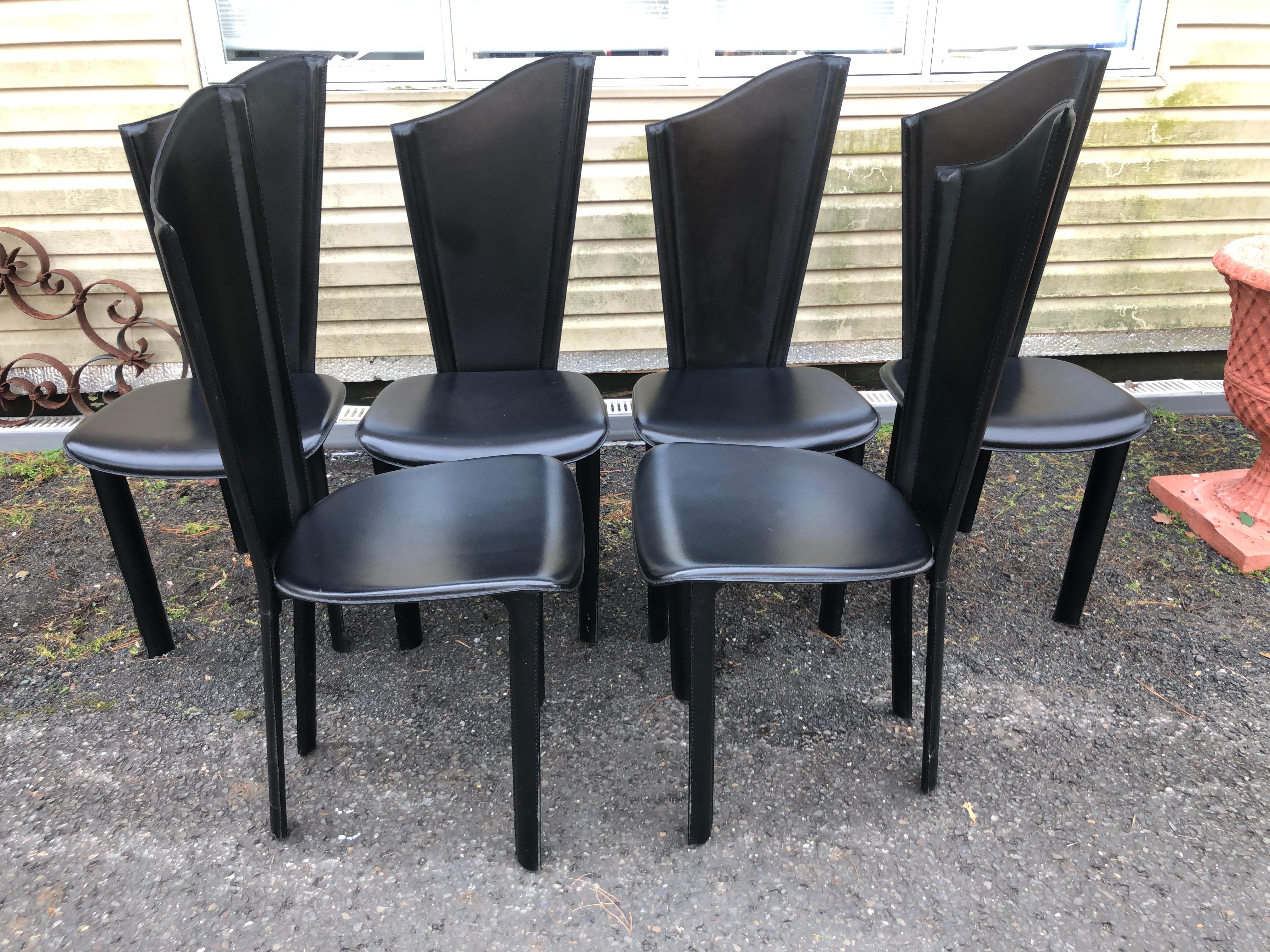 Stylish Set of 8 Italian Black Leather Dining Chair Tall Asymmetric Back   For Sale 8