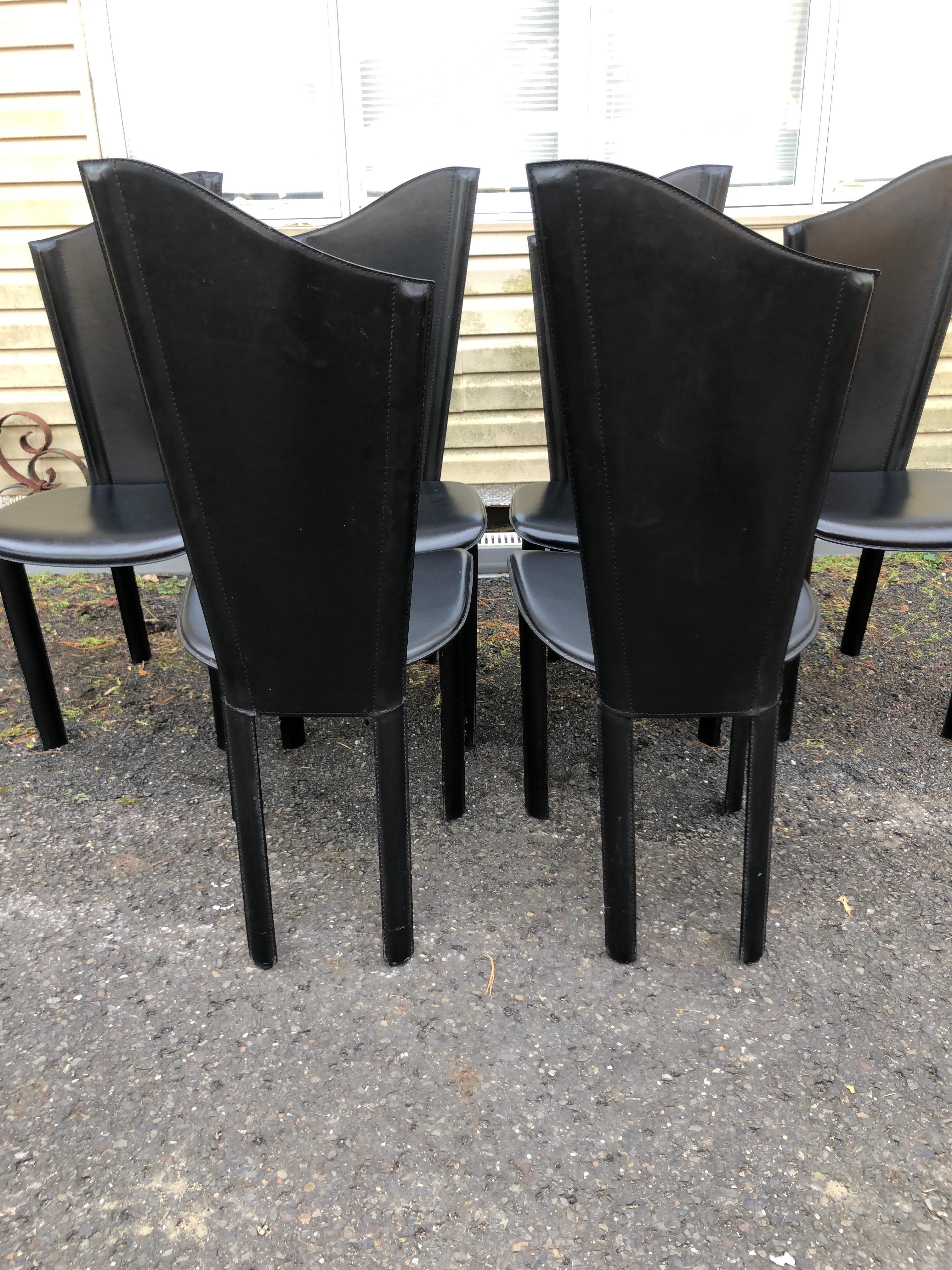 Stylish Set of 8 Italian Black Leather Dining Chair Tall Asymmetric Back   For Sale 1