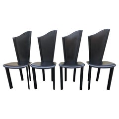 Stylish Set of 8 Italian Black Leather Dining Chair Tall Asymmetric Back