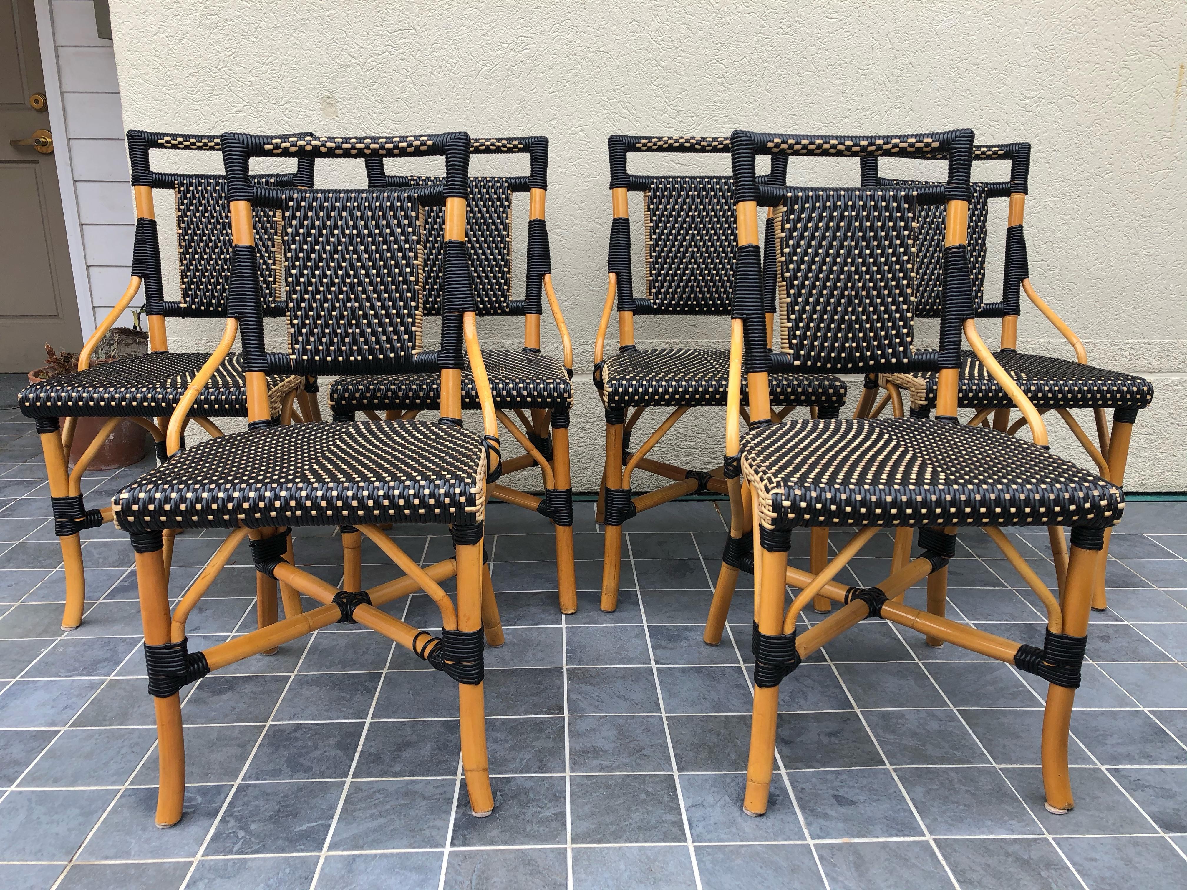 French Provincial Stylish Set of Palecek Bamboo Wicker & Rattan Bistro Dining Chairs