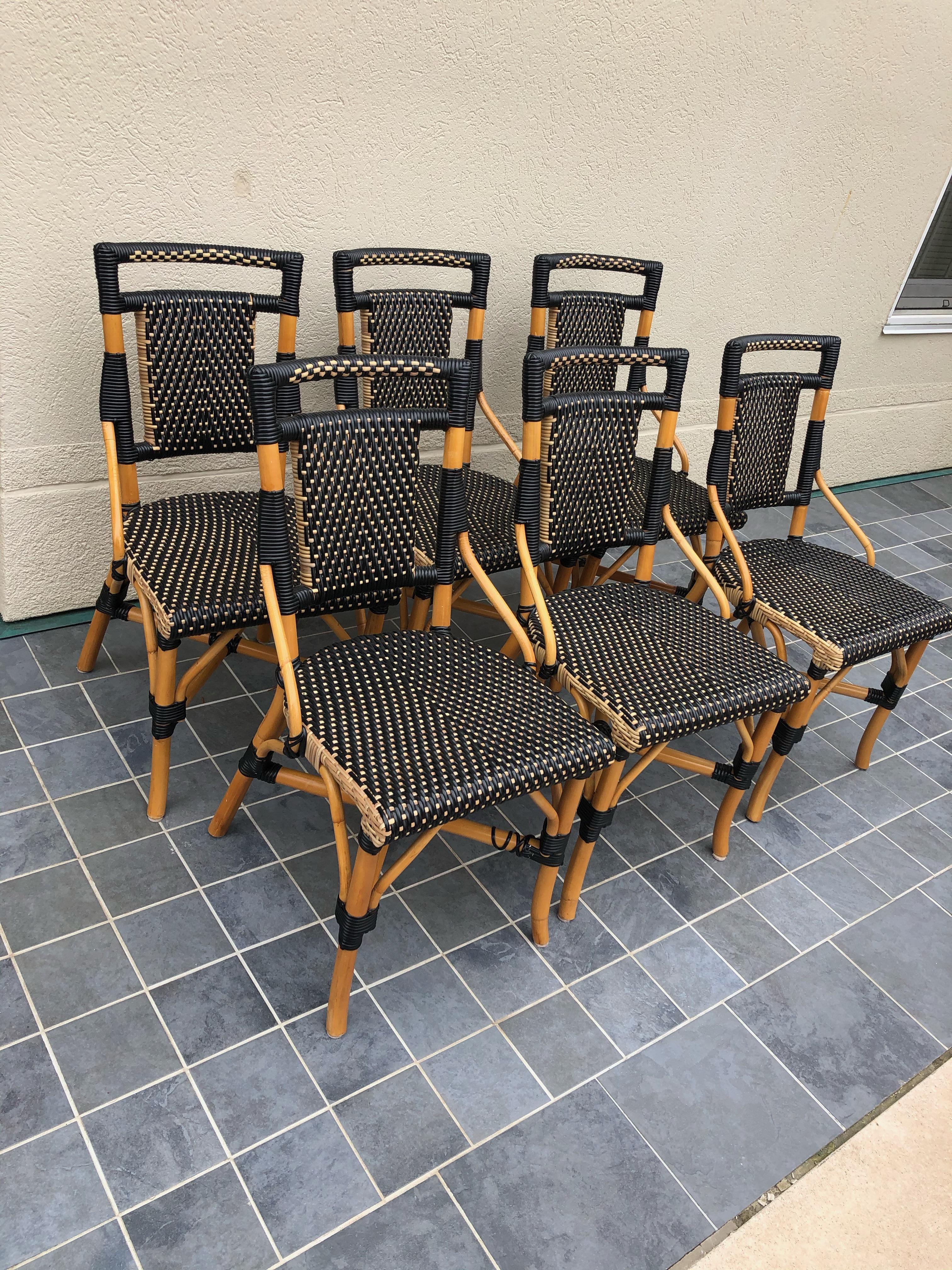 North American Stylish Set of Palecek Bamboo Wicker & Rattan Bistro Dining Chairs
