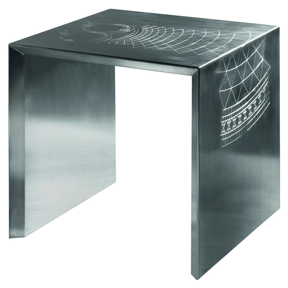 Stylish Side Table in Satin Stainless Steel with Decorative Engravings For Sale