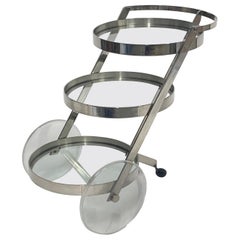 Stylish Sleek Stainless Steel, Glass, and Lucite Wheel Bar Trolley Cart