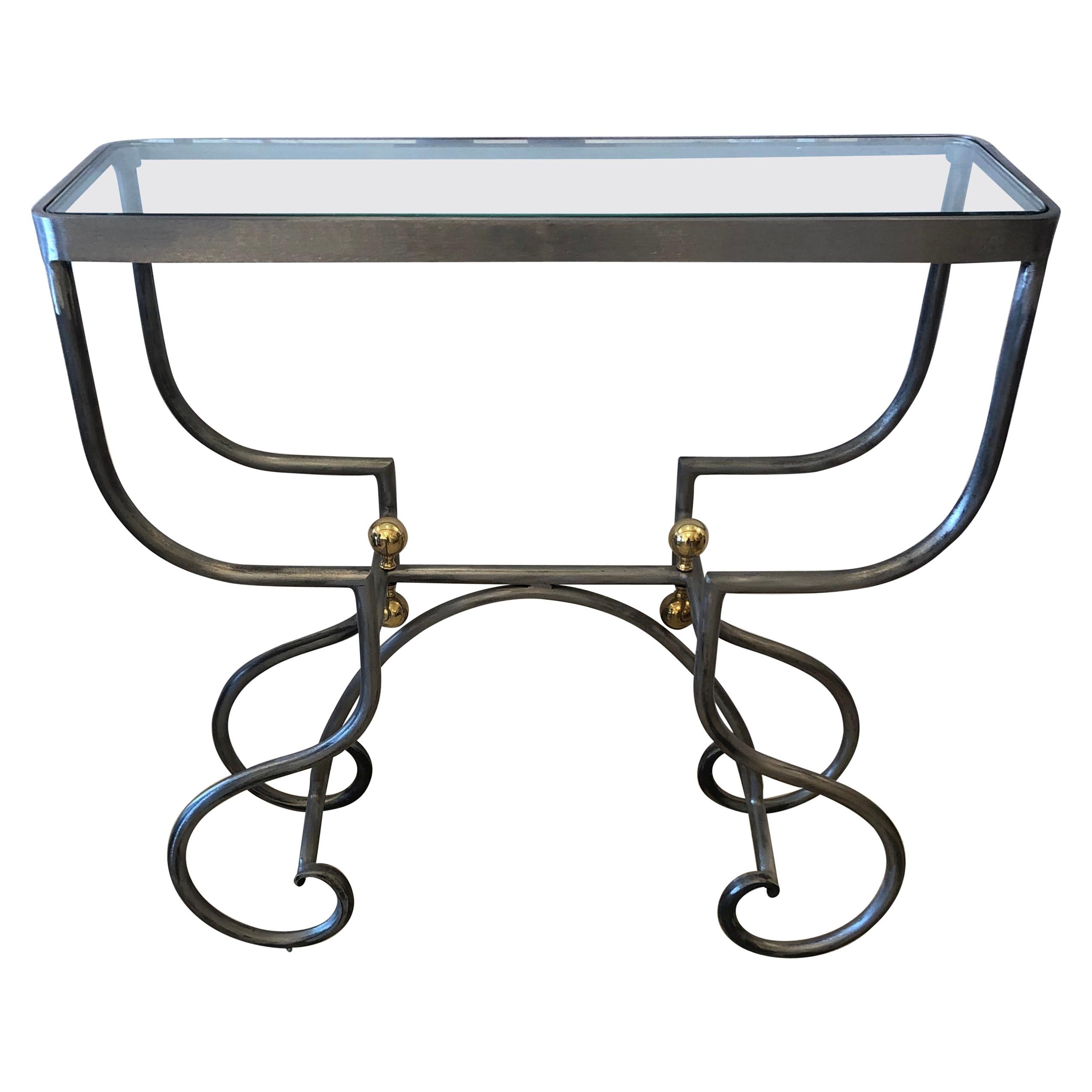 Stylish Small Rectangular Steel and Brass Console Table