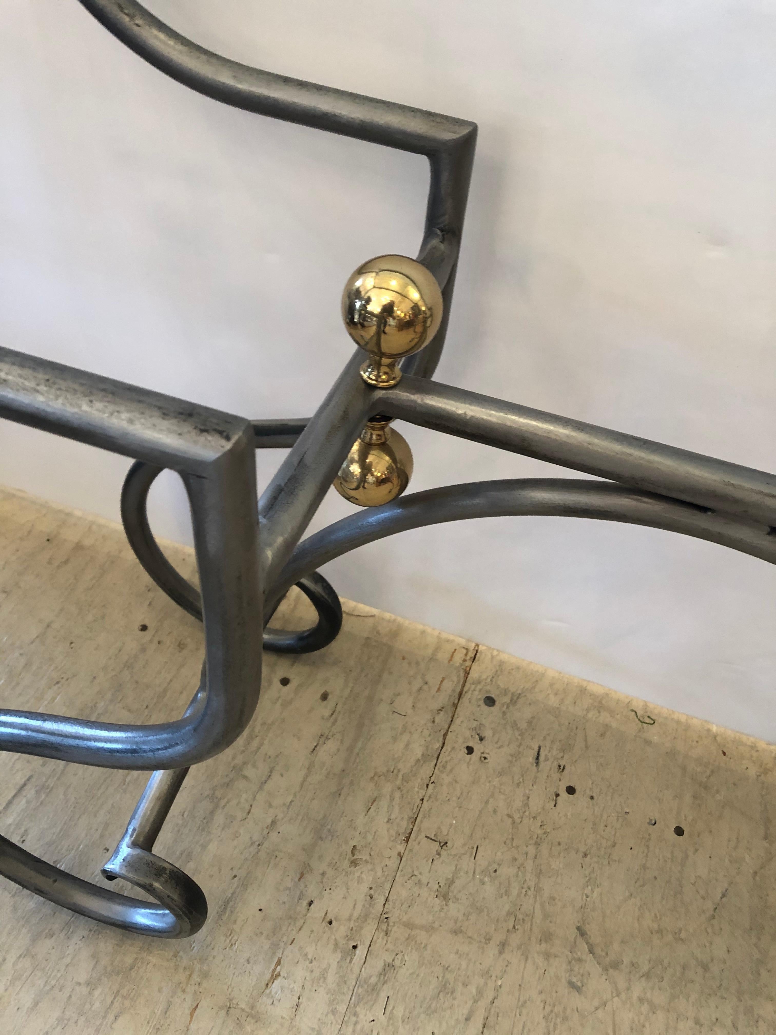 Stylish Small Rectangular Steel and Brass Console Table In Good Condition In Hopewell, NJ
