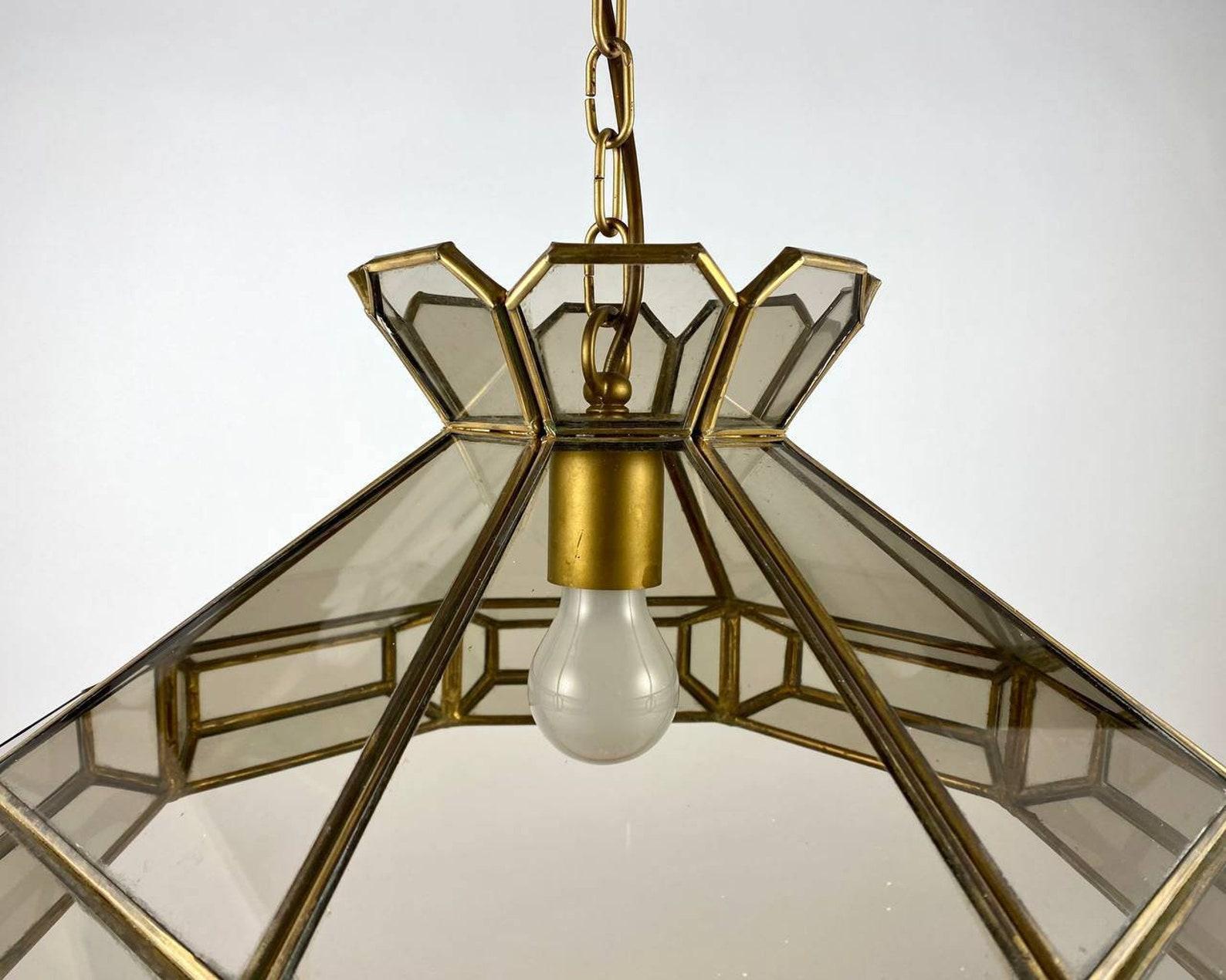 Stylish Smoky Glass & Gilt Brass Chandelier, Germany For Sale 1