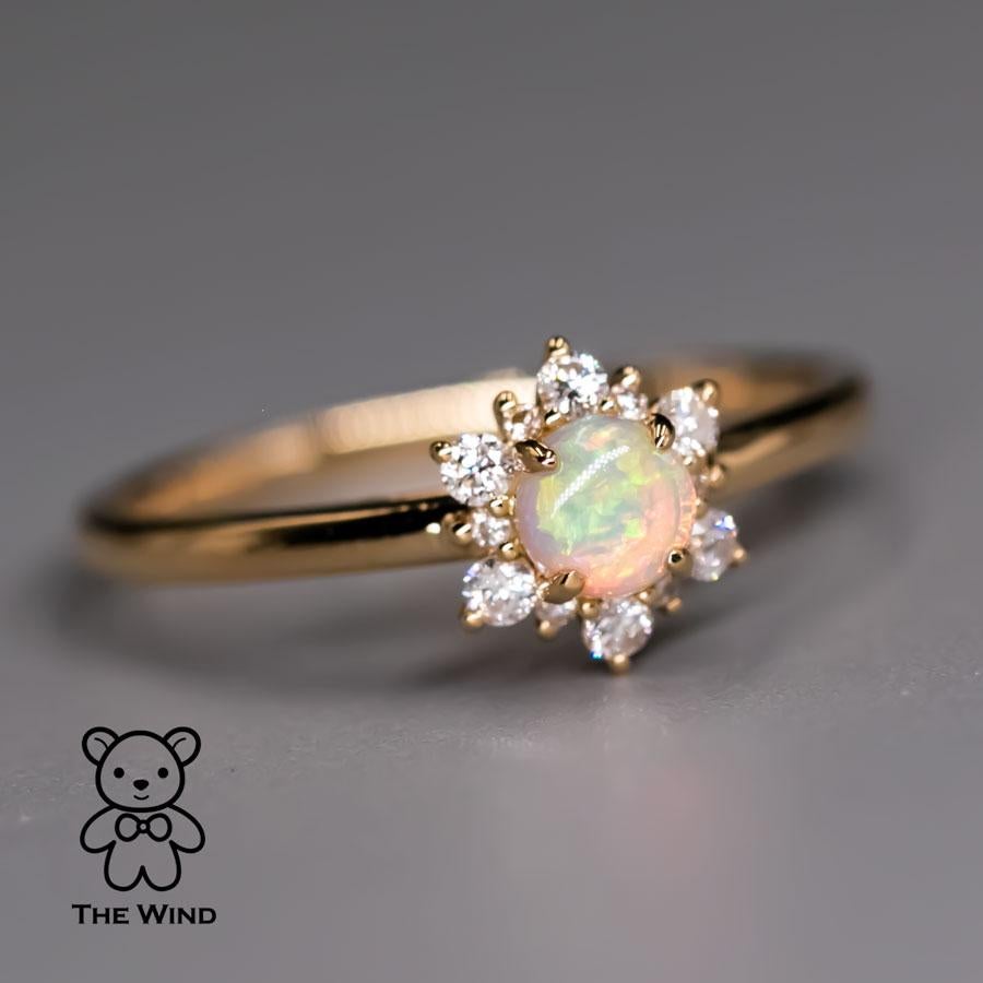 Brilliant Cut Stylish Snowflake Australian Solid Opal & Halo Diamond Engagement Ring 18K Yello For Sale