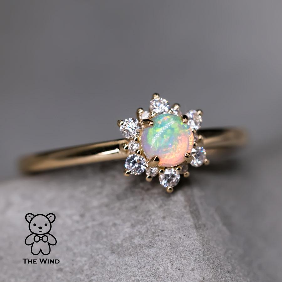 Women's Stylish Snowflake Australian Solid Opal & Halo Diamond Engagement Ring 18K Yello For Sale