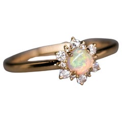 Stylish Snowflake Australian Solid Opal & Halo Diamond Engagement Ring 18K Yello