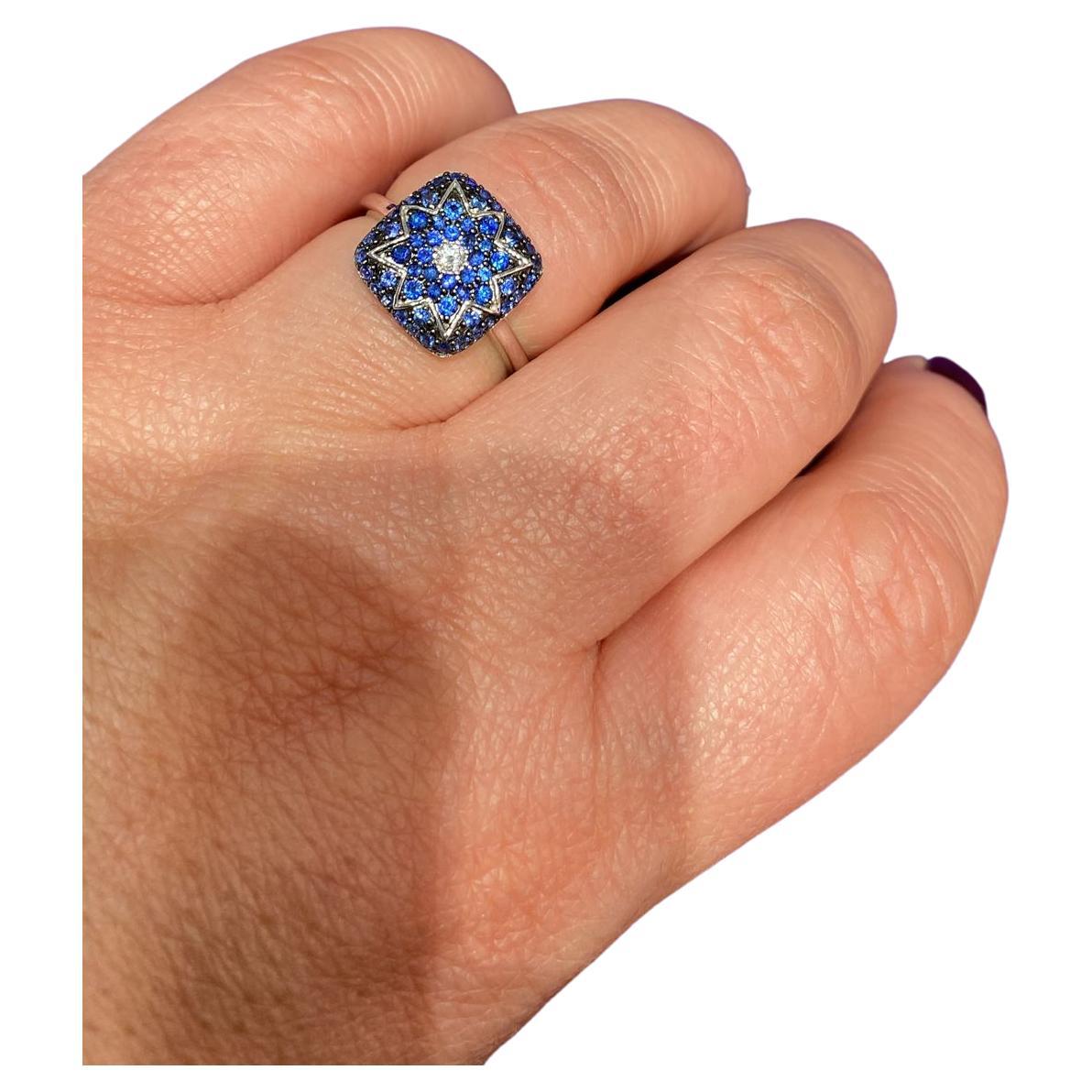 White Gold 14K Ring 
Diamond 1-RND-0,04-G/VS1A
Blue Sapphire 60-RND-0,56 Т(4)/3C  
Weight 3,32 grams
Size US 7

It is our honor to create fine jewelry, and it’s for that reason that we choose to only work with high-quality, enduring materials that
