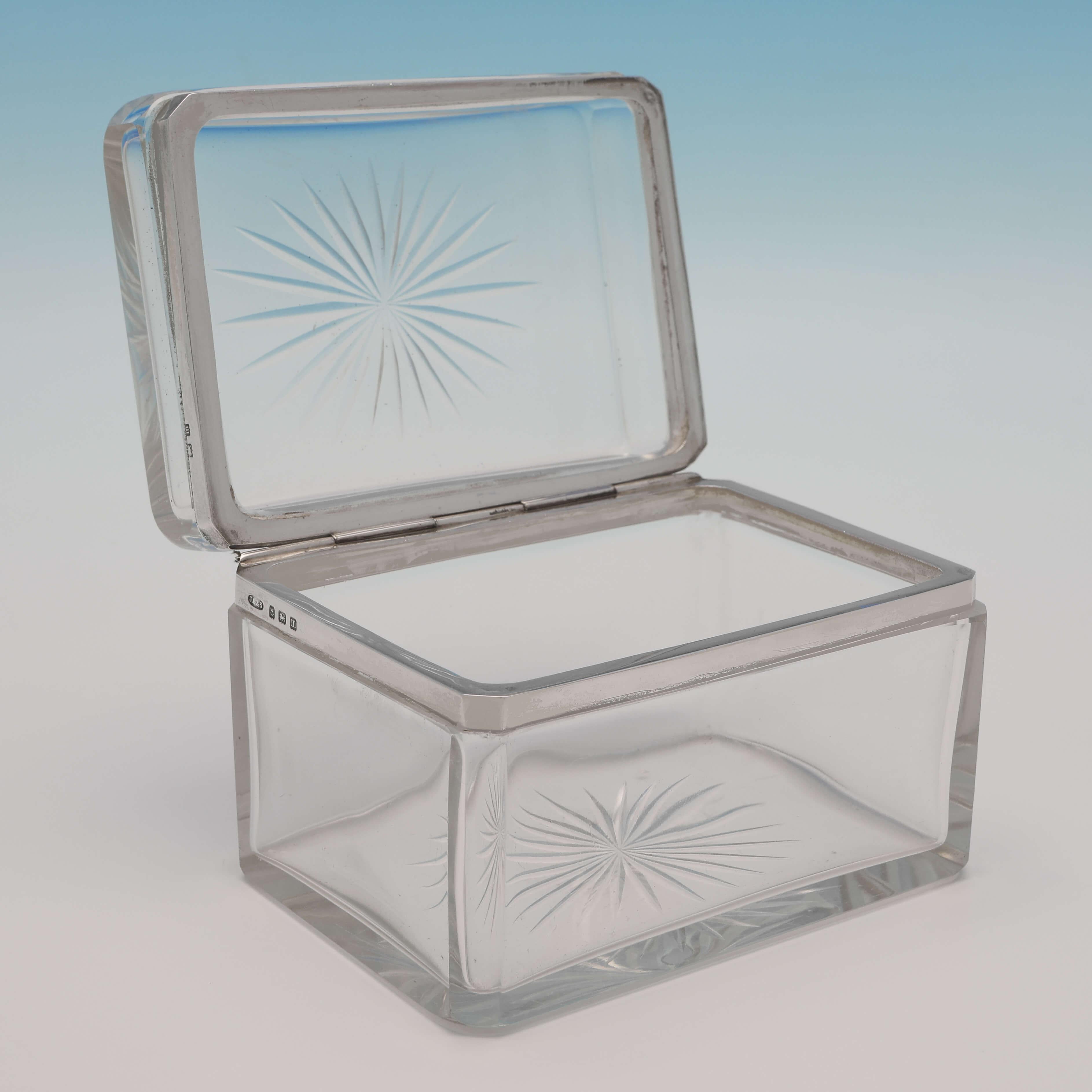 English Stylish Sterling Silver Mounted Glass Table Box with Hinged Lid, Made in 1911 For Sale