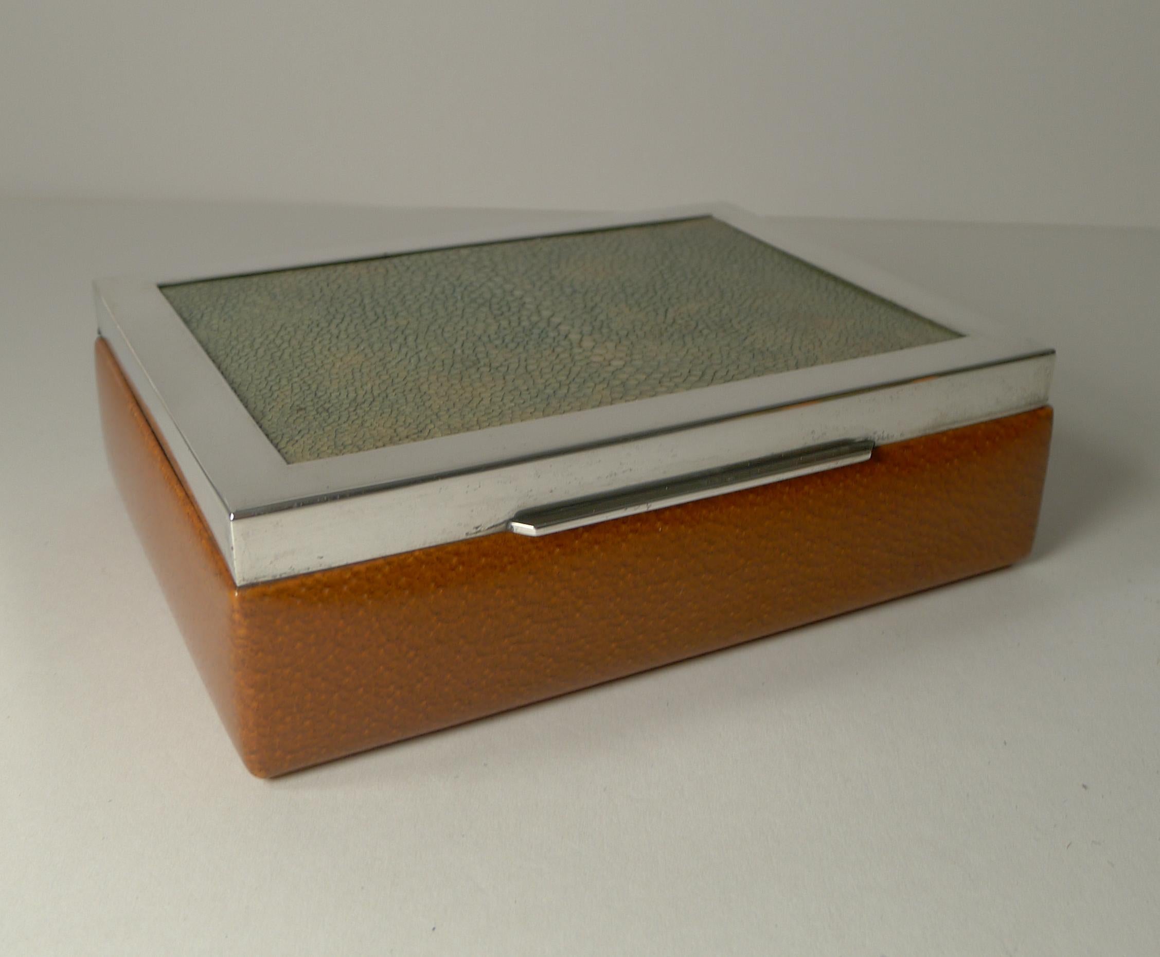 European Stylish Sterling Silver, Shagreen and Leather Box, c.1950