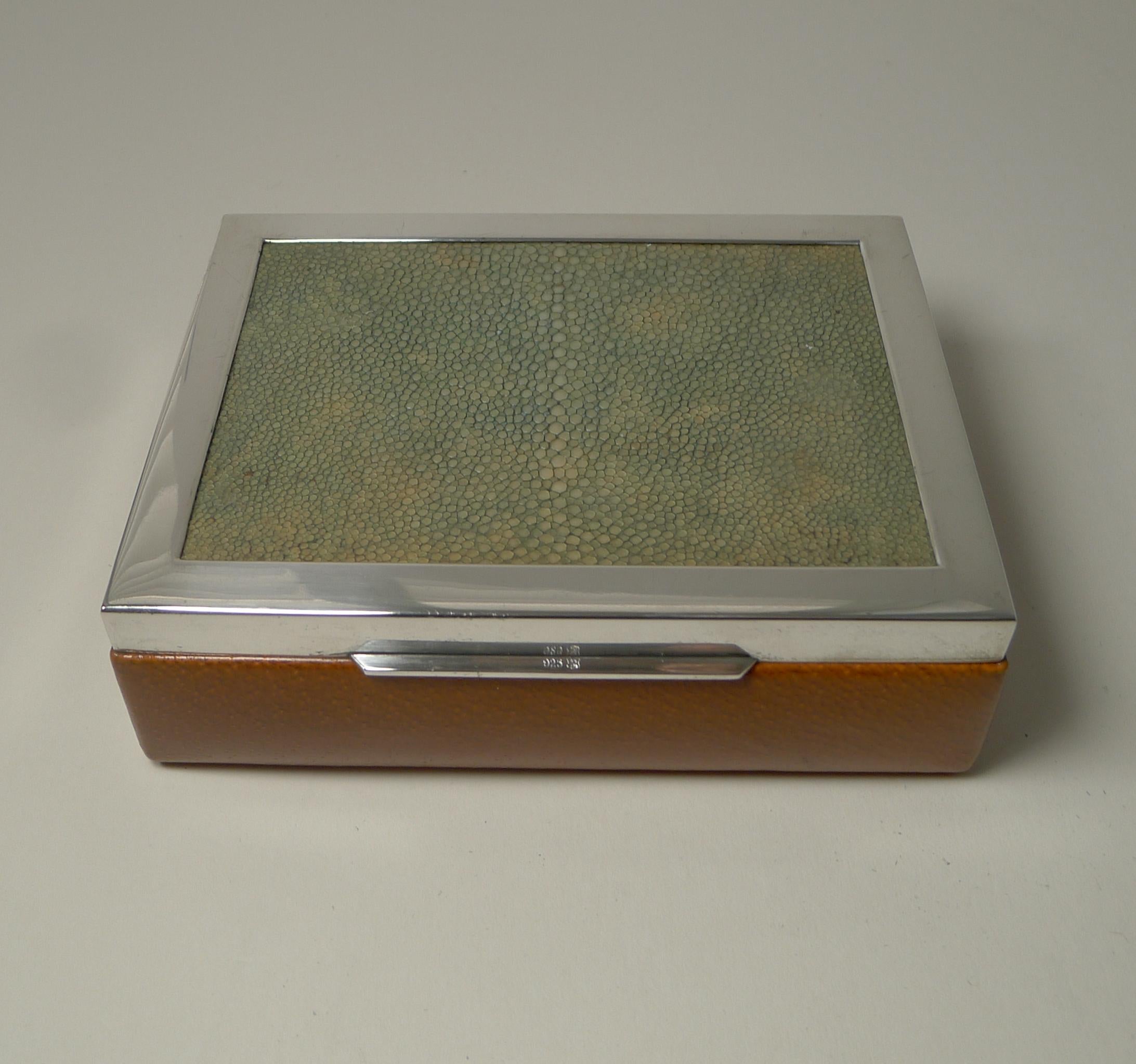 Mid-20th Century Stylish Sterling Silver, Shagreen and Leather Box, c.1950