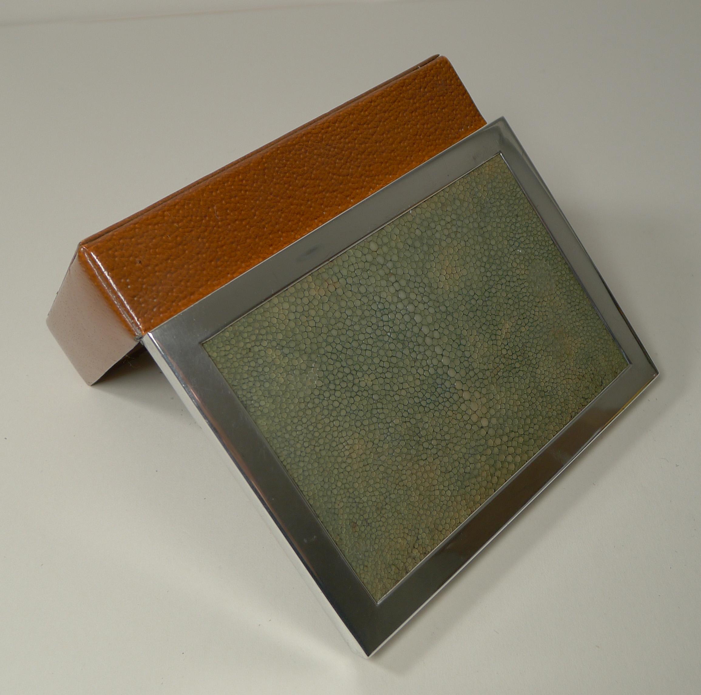 Stylish Sterling Silver, Shagreen and Leather Box, c.1950 1