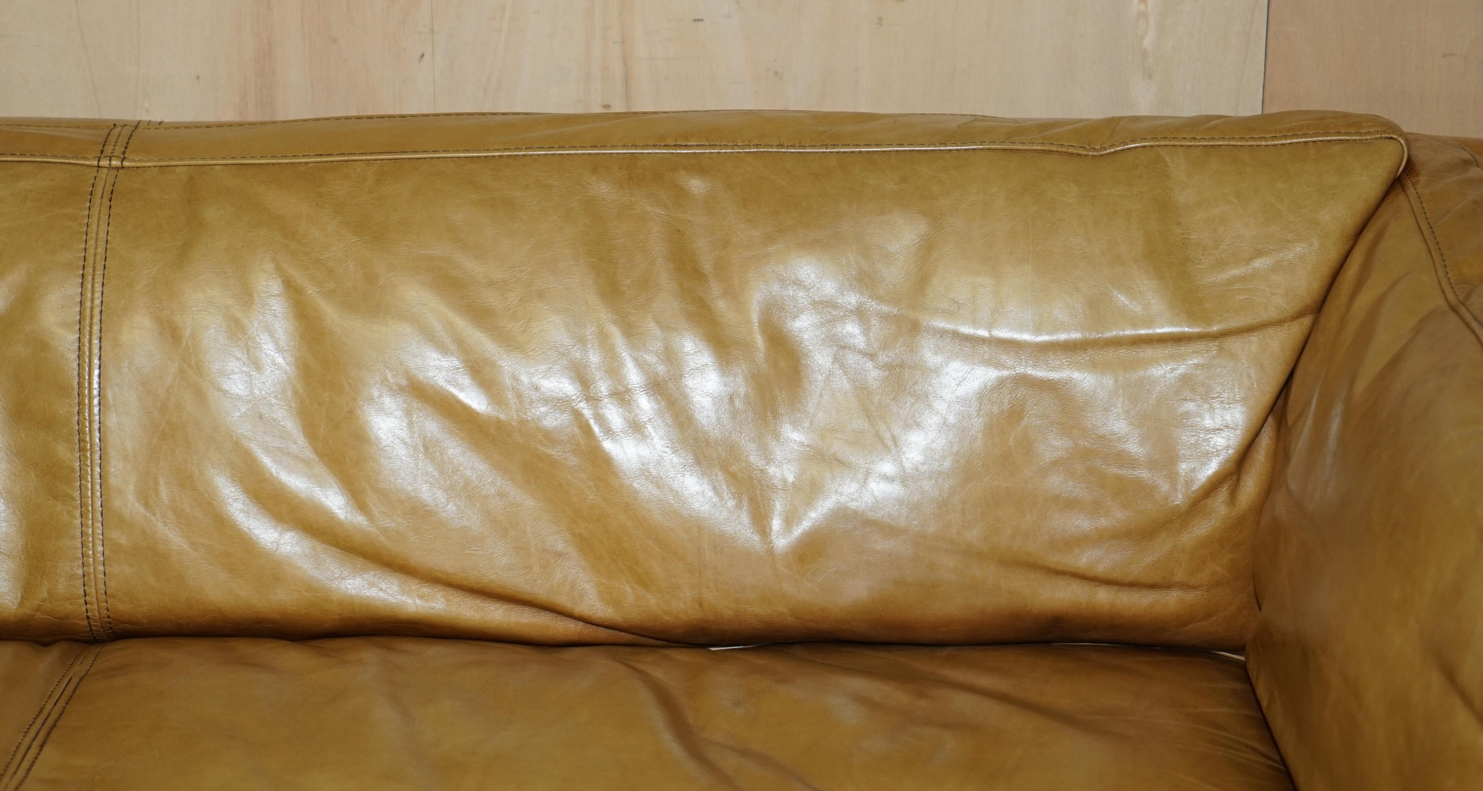 Leather STYLiSH SUPER COMFORTABLE LARGE HALO GROUCHO TAN BROWN LEATHER THREE SEAT SOFA For Sale