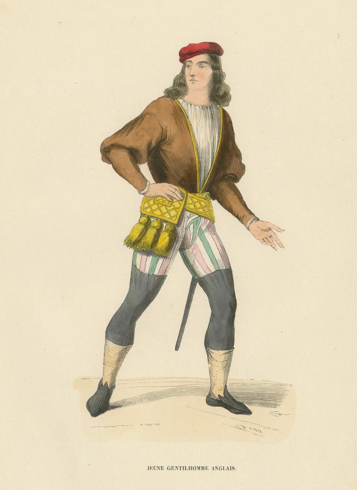 Stilvoller Swagger: Ein junger englischer Gentleman im Mittelalter, veröffentlicht 1847 (Papier) im Angebot