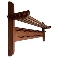 Stylish & Timeless Mid-Century Modern Solid Oak Wood Wall Coat Rack w. Hat Shelf