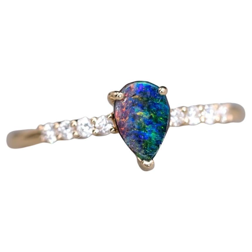 Stylish Two Color Boulder Opal & Diamond Engagement Ring 18K Yellow Gold